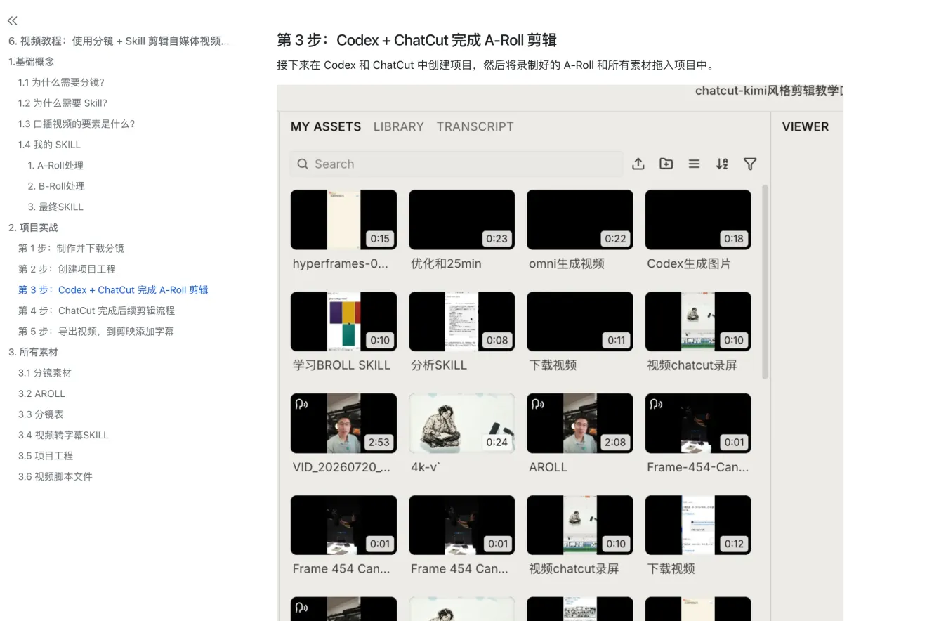 第 6 节课件截图：在 Codex 和 ChatCut 中创建项目，用素材库完成 A-Roll 剪辑